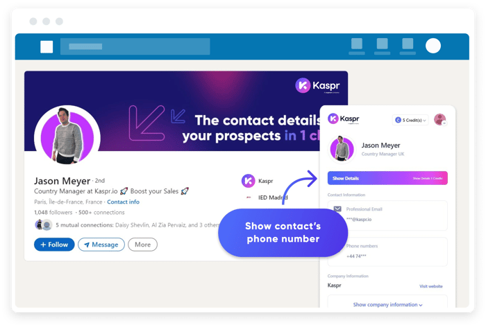 Graphic of Kaspr widget with button to click to show the prospect's phone number